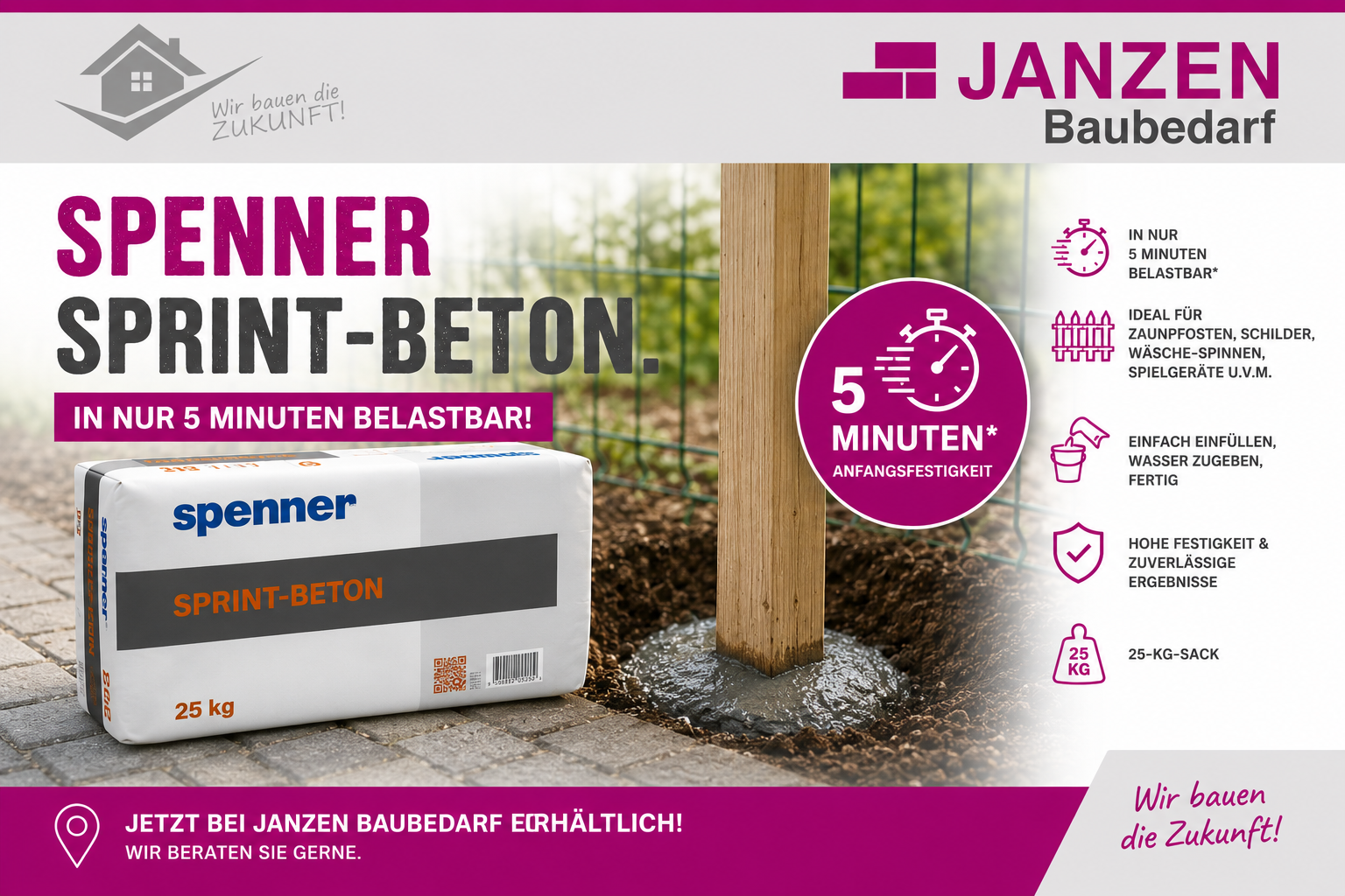 Spenner Sprint-Beton 25 kg für Zaunpfosten und Fundamente mit Anfangsfestigkeit nach 5 Minuten