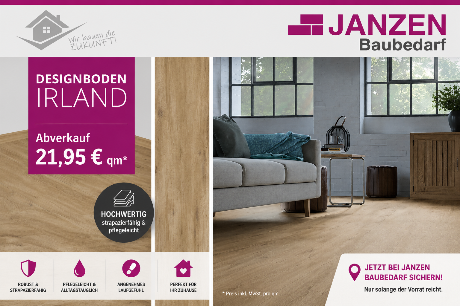 Designboden IRLAND in natürlicher Holzoptik im Wohnbereich – Abverkauf bei Janzen Baubedarf
