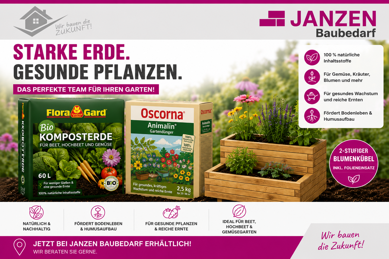 FloraGard Komposterde und Oscorna Animalin mit Blumenkübel